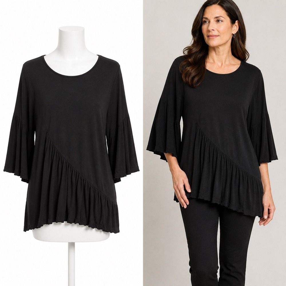 DG2 Diane Gilman Top Womens L Black Bell Sleeve Asymmetric Ruched Viscose Blouse